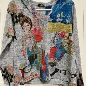 Inoah Abstract Art Sweater Top Whimsical Graphic Made USA S